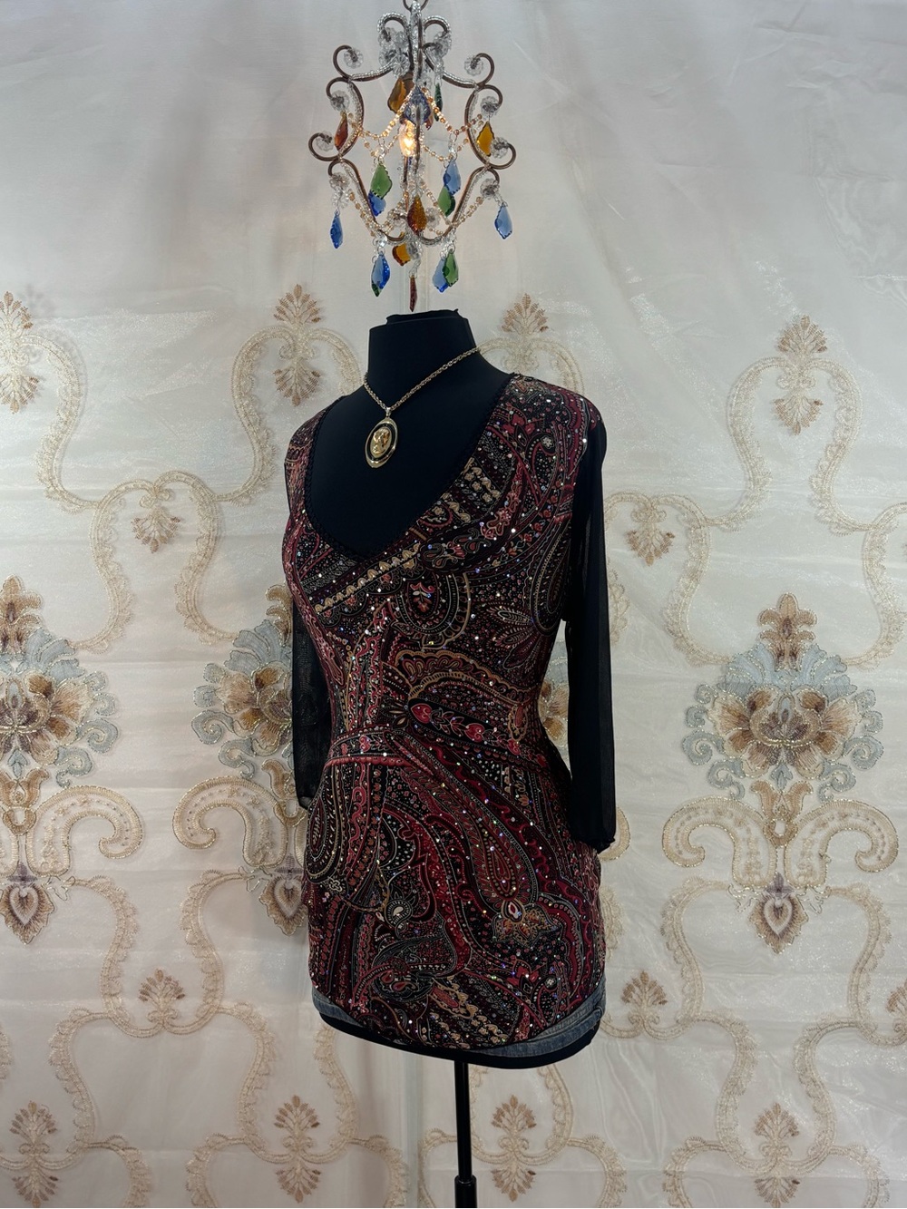 ✨Vintage Y2K Whimsical Sequins Paisley Mesh Quarter Bell Sleeve Blouse✨
